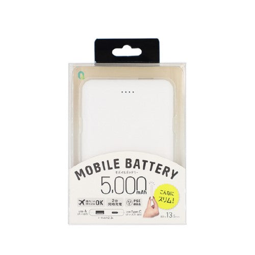 スリムモバイルバッテリー Type-C1ポート/USB1ポート 5000mAh ホワイト クオリティトラストジャパン QTC-0505WH