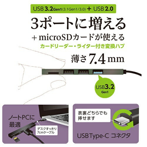 Nakabayashi ナカバヤシ Digio2 USBハブ COM-C3MSD123GY Type-C 3ポート グレー