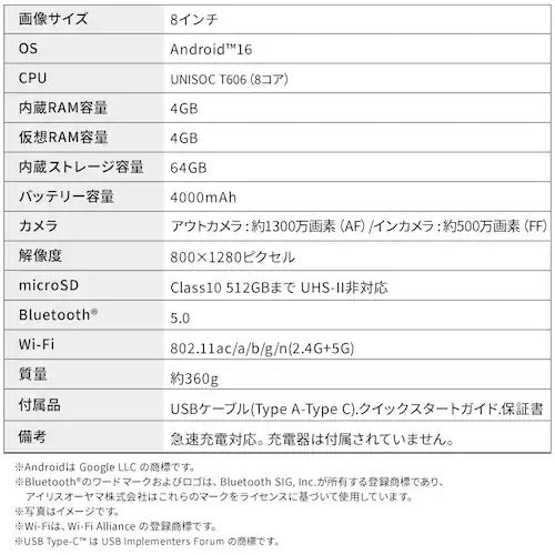 IRIS OHYAMA アイリスオーヤマ 8インチタブレット TE08F3W64-KV1H 64GB グレー