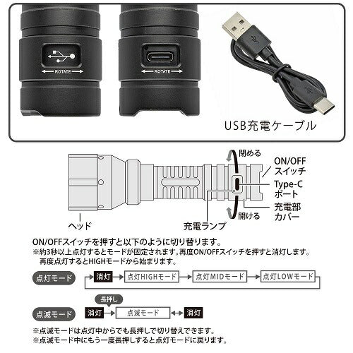 LEDズームライト ラバーグリップ ECLAT USB充電式 900ルーメン オーム電機 LHA-ZC90A7