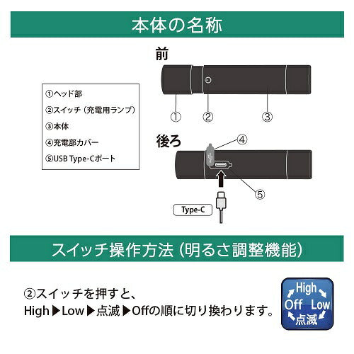 充電式LEDライト 180ルーメン オーム電機 LH-C18B5