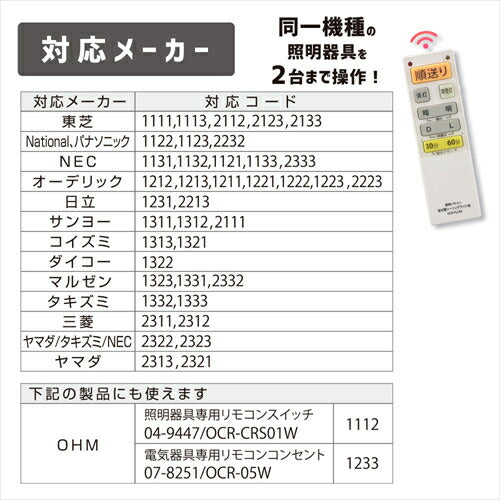 オーム電機 シーリングライトリモコン 蛍光灯シーリングライト専用照明リモコン 国内13メーカー対応 調光機能対応 OCR-FLCR4 08-3100 OHM