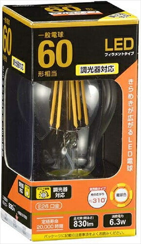 OHM LED電球 一般電球形 E26 60形相当 6W 電球色 フィラメントタイプ クリア 調光器対応 LDA6L/D C6 06-3483 オーム電機