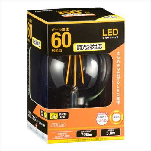OHM オーム電機 063498 LED電球 フィラメント ボール電球 E26 60形 調光器対応 電球色 クリア 全方向 LDG5L D C6 06-3498