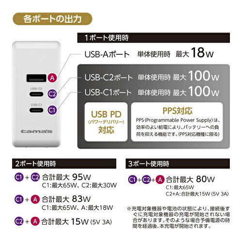 tama 多摩電子工業 AC充電器 TAP162UC2W PD100W 3ポート ホワイト