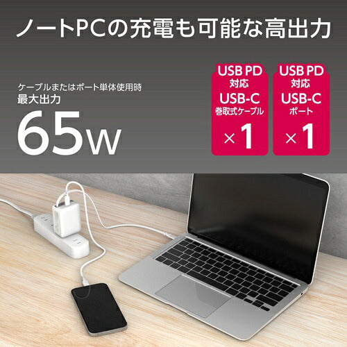 tama 多摩電子工業 巻取式AC充電器 TAP165CW PD65W ホワイト
