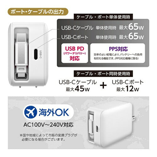 tama 多摩電子工業 巻取式AC充電器 TAP165CW PD65W ホワイト