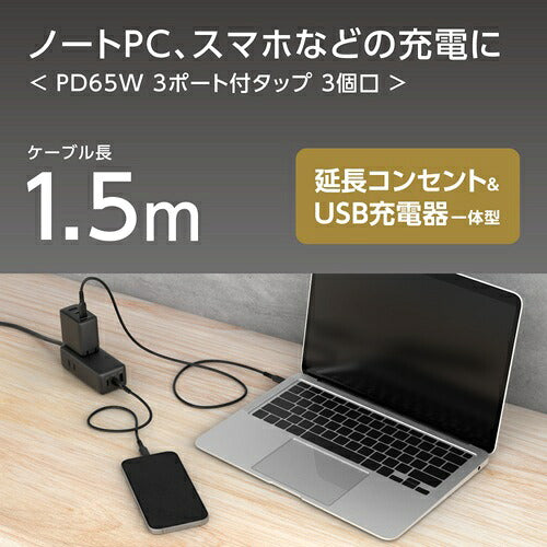 tama 多摩電子工業 電源タップ ASK120UC2K PD65W 3個口 ブラック