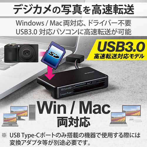 エレコム USB3.0対応メモリカードリーダー/ケーブル収納型タイプ MR3-K303BK