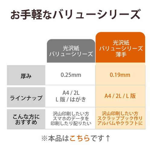 プリンター用紙 写真用紙 2L判 100枚 光沢 薄手 インクジェット用紙 ホワイト エレコム EJK-TVL2L100