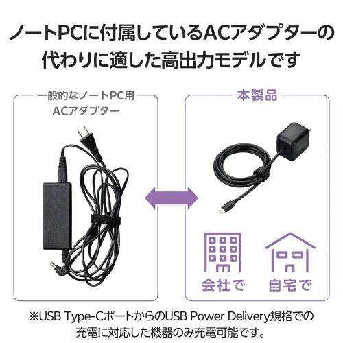 USB Power Delivery 65W AC充電器(Cケーブル一体型/2ｍ) ブラック エレコム ACDC-PD8665BK