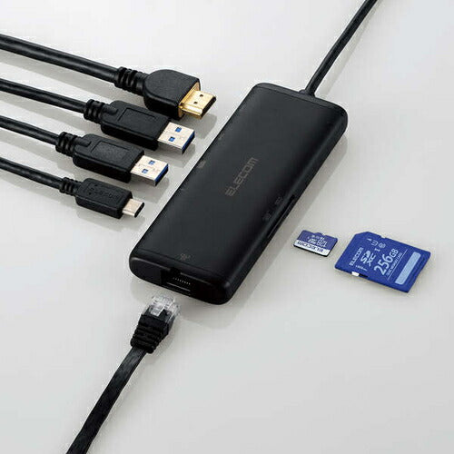 USB Type-C ドッキングステーション 7-in-1 薄型 ハブ PD 85W出力 急速充電 USB-C×1 USB-A×2 HDMI×1 SD＋microSD×1 RJ45×1 ブラック エレコム DST-070BPBK