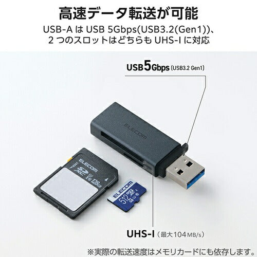 エレコム メモリーカードリーダー USB-A接続 直挿し UHS-I SD/microSD対応 ブラック MR3-D20BK 外付け スティック型 軽量 持ち運び PC周辺機器 ELECOM
