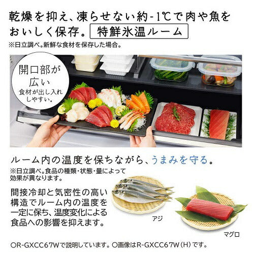 冷蔵庫 まんなか冷凍 GXCCタイプ バイブレーションモーブグレー 観音開き 内容量：670リットル 日立 R-GXCC67W H