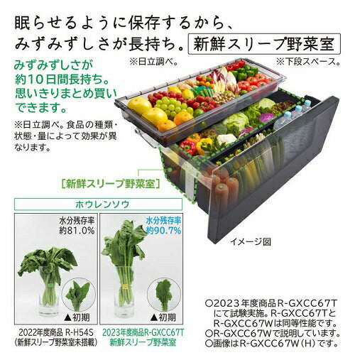 冷蔵庫 まんなか冷凍 GXCCタイプ バイブレーションモーブグレー 観音開き 内容量：670リットル 日立 R-GXCC67W H