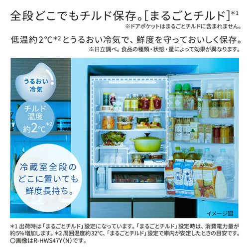 HITACHI 日立 5ドア冷蔵庫 HWSタイプ 470L 右開き ゴールド R-HWS47Y(N)