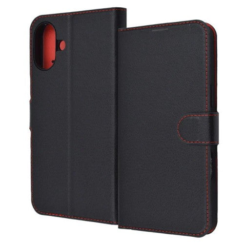iPhone 16 Plus用 Like standard 耐衝撃 マグネットベルト シンプル 手帳型レザーケース（ブラック/レッド） レイアウト RT-P48ELC1/BR