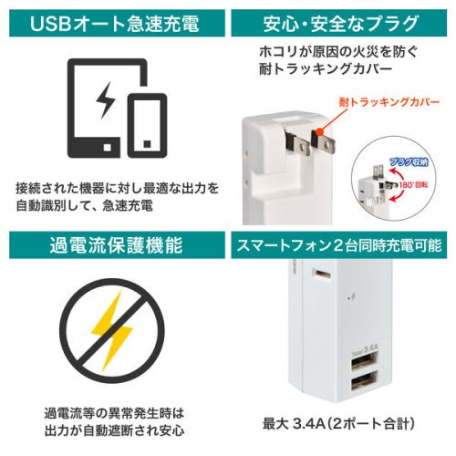 モバイル電源タップ AC2個口 USB-A×2 計3.4A 雷ガード ホワイト エルパ UA-223SB