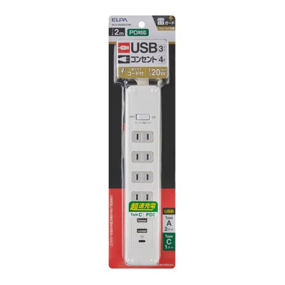 電源タップ 集中スイッチ AC4個口 USB-A×2 PD対応USB-C×1 コード長2m 雷ガード エルパ WLS-4322SUC(W)