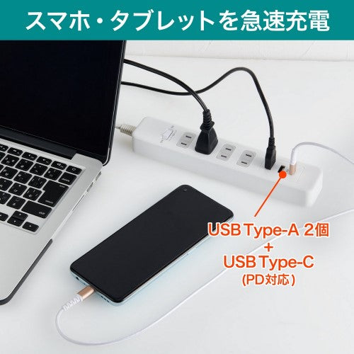 電源タップ 集中スイッチ AC4個口 USB-A×2 PD対応USB-C×1 コード長2m 雷ガード エルパ WLS-4322SUC(W)