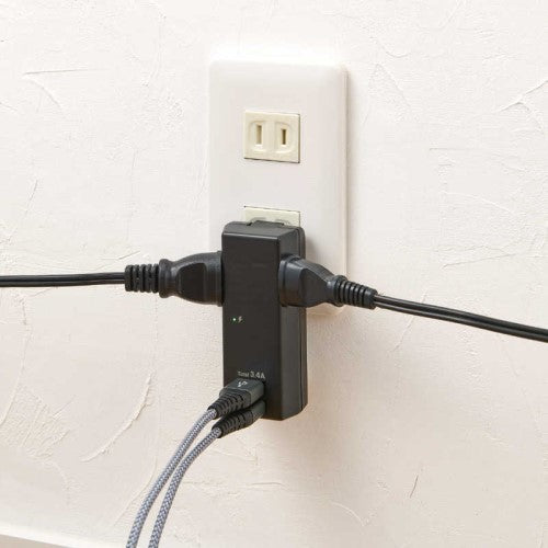 モバイル電源タップ AC2個口 USB-A×2 計3.4A 雷ガード ブラック エルパ UA-223SB(BK)