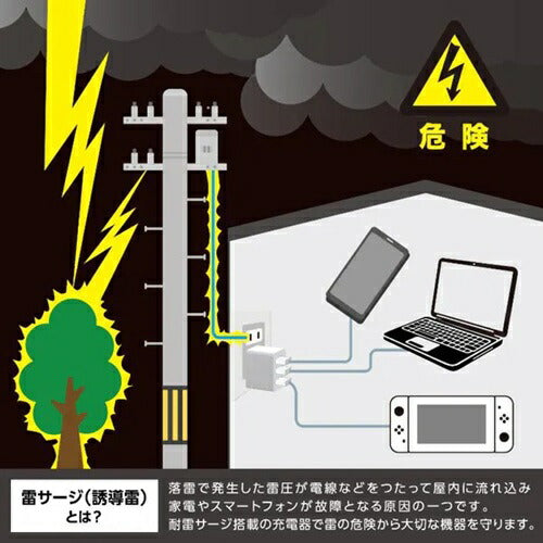 耐雷USB充電器 エルパ PD20W 2m ホワイト 朝日電器 CHCR-SP20WH