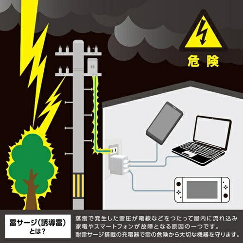 耐雷USB充電器 エルパ USB-Aポート付 PD20W 2m ホワイト 朝日電器 CHCR-SPA20WH