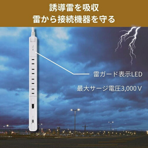 電源タップ USB 耐雷 スリム 回転USBタップ（4個口/2m/USBポート A×1、C×1） ホワイト エルパ WB-RSL4222SUCW