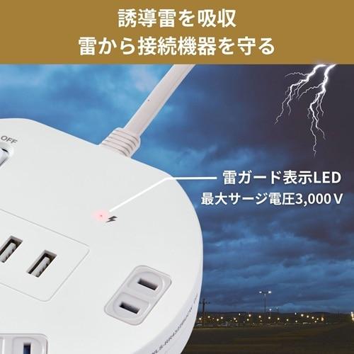 電源タップ USB 丸形 集中スイッチ付USBタップ（4個口/2m/USBポート A×2、C×1） エルパ WLS-RR4322BUCW