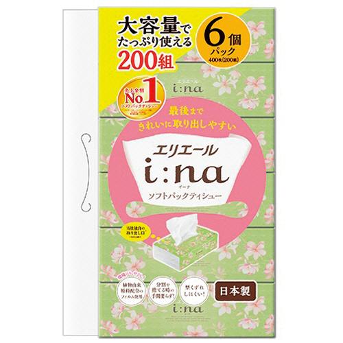 大王製紙 エリエール i：na（イーナ）ソフトパックティシュー 200組×6個パック 1200枚 まとめ買い 備蓄 柔らかい 肌にやさしい キッチン リビング