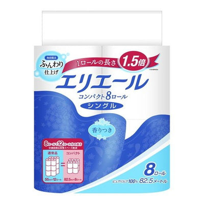 大王製紙 エリエール トイレットティシュー コンパクト シングル 82.5m×8ロール 1.5倍巻き 省スペース 芯あり 香り付き 消臭 備蓄