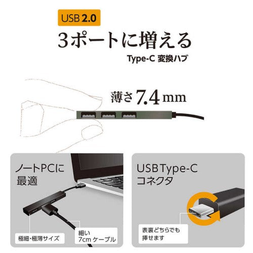 アルミ極薄USBハブ STIXシリーズ USB2.0 Type-C 3ポート変換ハブ/グレー ナカバヤシ UH-C2573GY