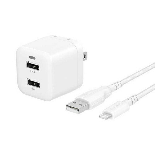 AC充電器 USB Type-A 2ポート 超タフUSB Type-A to Lightning ケーブル(1．5m) セット ホワイト オウルテック OWL-AC17WAAL15-WH