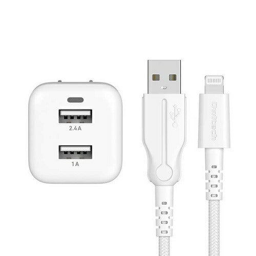 AC充電器 USB Type-A 2ポート 超タフUSB Type-A to Lightning ケーブル(1．5m) セット ホワイト オウルテック OWL-AC17WAAL15-WH