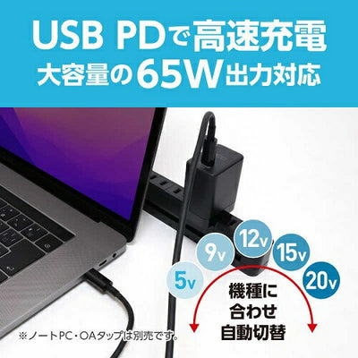 USB PD対応 GaN USB-ACアダプタ 65W Type-Cケーブル付 ナカバヤシ IPA-CS03/BK
