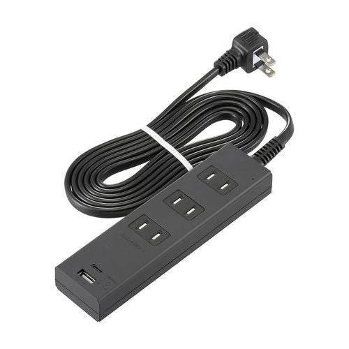 3個口タップ 雷ガード PD対応Type-C/Type-Aポート付き 2m ブラック オーム電機 HS-TKU32PD23-K