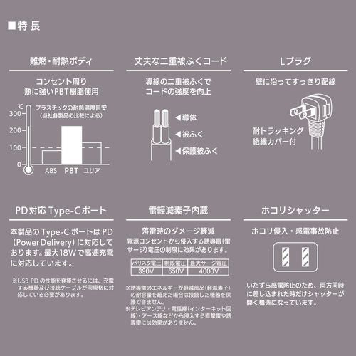 3個口タップ 雷ガード PD対応Type-C/Type-Aポート付き 2m ブラック オーム電機 HS-TKU32PD23-K