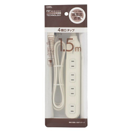 4個口タップ ブレーカー付き 1.5ｍ Lプラグ オーム電機 HS-TB415W22