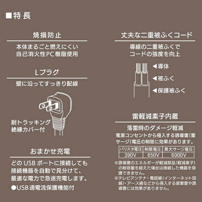 2個口タップ 雷ガード/USBポート付き 3m オーム電機 HS-TKU23W22