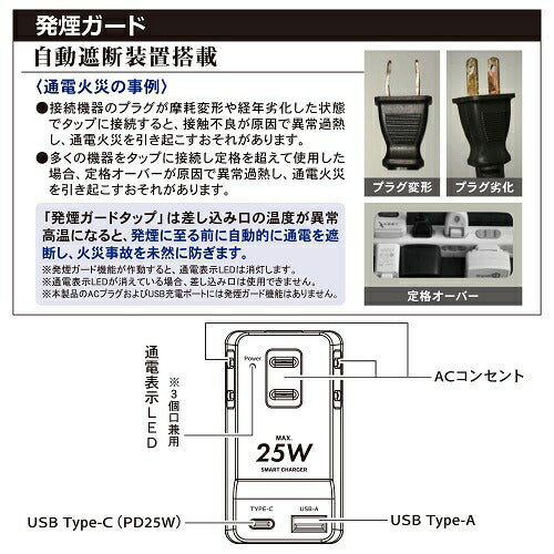 発煙ガードUSB付タップ 3個口 オーム電機 HS-A3U1C1H-W