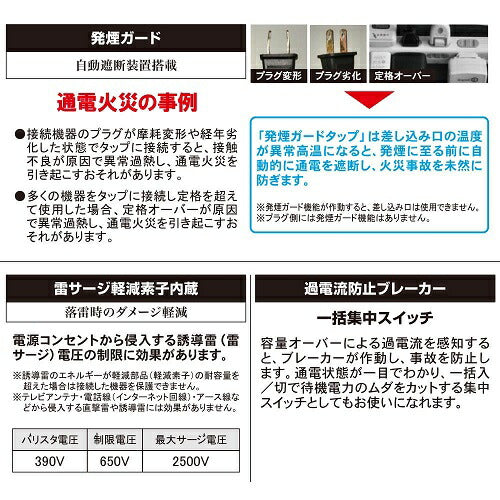 発煙ガードスイッチ付タップ 2個口 オーム電機 HS-A2PH-W