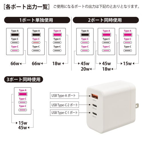 AudioComm AC充電器 PD/QC対応 Type-C/Type-A オーム電機 MAV-AP66W-W