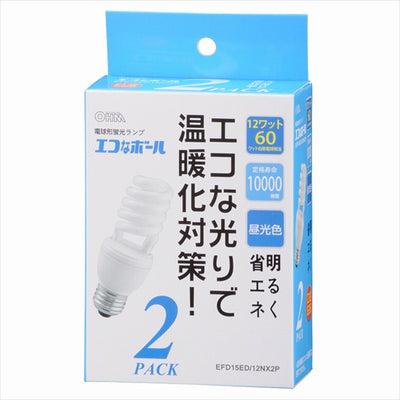 オーム電機 OHM 電球形蛍光灯 エコなボール60W形口金E26昼光色スパイラルタイプ2個入り EFD15ED／12NX2P