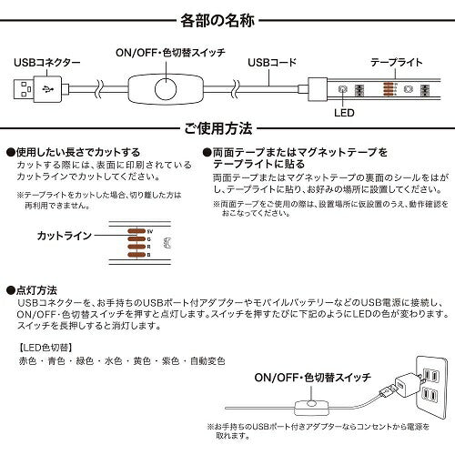 LEDテープライト色切替 USB式 テープ長さ1.5m オーム NIT-ALA6TU15V
