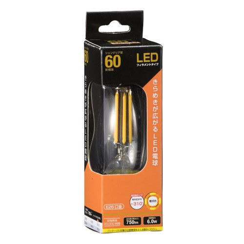 LEDフィラメントタイプシャンデリア球 E26 60形相当 電球色 オーム LDC6L C6