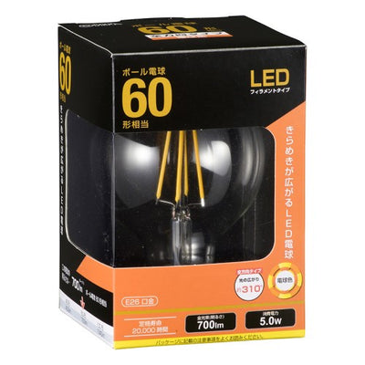 LEDフィラメントタイプ電球 E26 60形相当 電球色 オーム LDG5L C6
