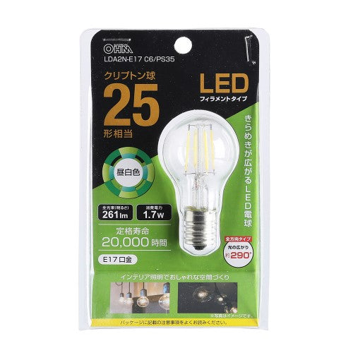 LEDフィラメントタイプクリプトン球 E17 25形相当 昼白色 オーム LDA2N-E17 C6/PS35