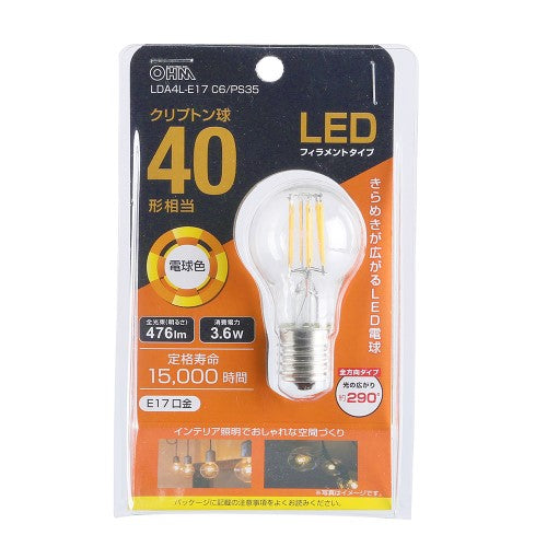 LEDフィラメントタイプクリプトン球 E17 40形相当 電球色 オーム LDA4L-E17 C6/PS35