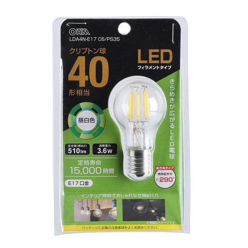 LEDフィラメントタイプクリプトン球 E17 40形相当 昼白色 オーム LDA4N-E17 C6/PS35