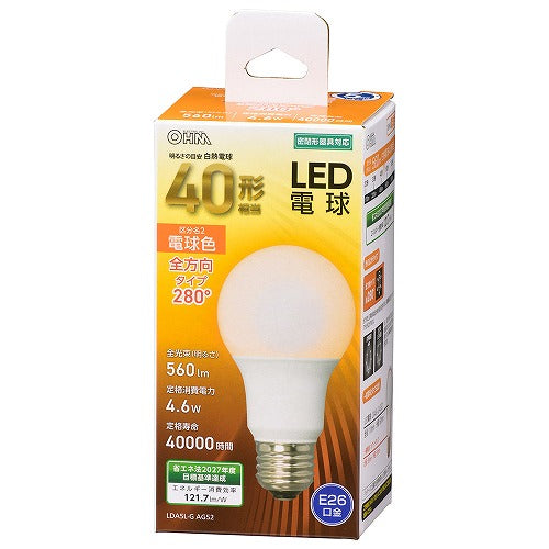 オーム電機 LED電球 E26 40形相当 電球色 LDA5L-GAG52